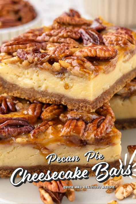 These are cheesecake, praline crumb and a caramel topping. The crust is a buttery, nutty praline crumb that adds a nice crunch to each bite. The cheesecake layer is sweet and smooth, the caramel topping takes it to a whole new level of decadence. Every bite is pure bliss! Pecan Cheesecake Bites, Praline Crunch, Praline Cheesecake, Pecan Pie Cheesecake Bars, Caramel Cheesecake Bars, Cheesecake Layer, Pecan Cheesecake, Pecan Pie Cheesecake, Sugar Cookie Mix