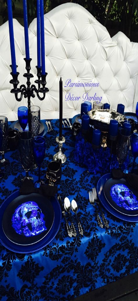 Black And Blue Gothic Wedding, Royal Blue And Black Wedding Decorations, Royal Blue Black And Silver Wedding, Black And Blue Sweet 16 Party Ideas, Wedding Dark Blue Theme, Black And Dark Blue Wedding, Blue Goth Wedding, Blue And Black Wedding Ideas, Blue And Black Wedding Decor