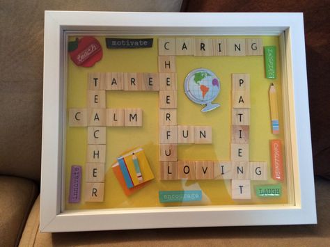 Teacher appreciation gift DIY - scrabble pieces or letter pieces - shadow box - All items from Michael's - project fun Diy Scrabble, Scrabble Tile Art, Scrabble Tile Crafts, Teacher Appreciation Diy, Scrabble Crafts, Appreciation Gifts Diy, Teacher Appreciation Gifts Diy, Teacher Craft, Teachers Diy