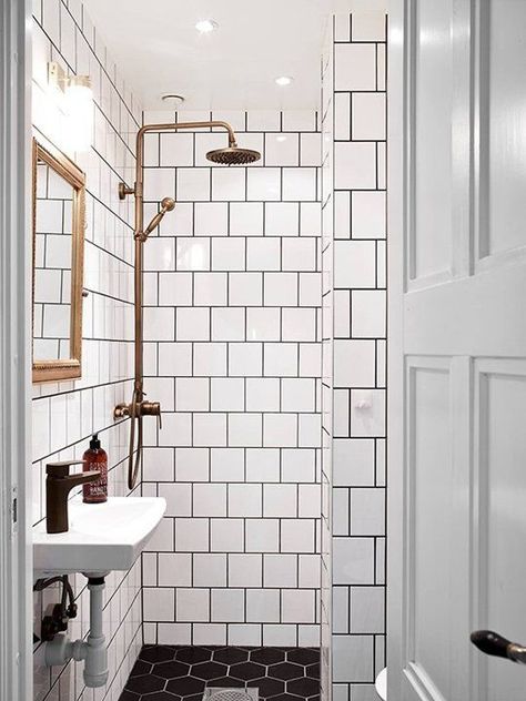 Shower Walls Black Grout, Bad Inspiration, Decor Baie, Basement Bathroom, Square Tile, Tiny Bathroom, Bathroom Renos, Cool Ideas, White Tiles