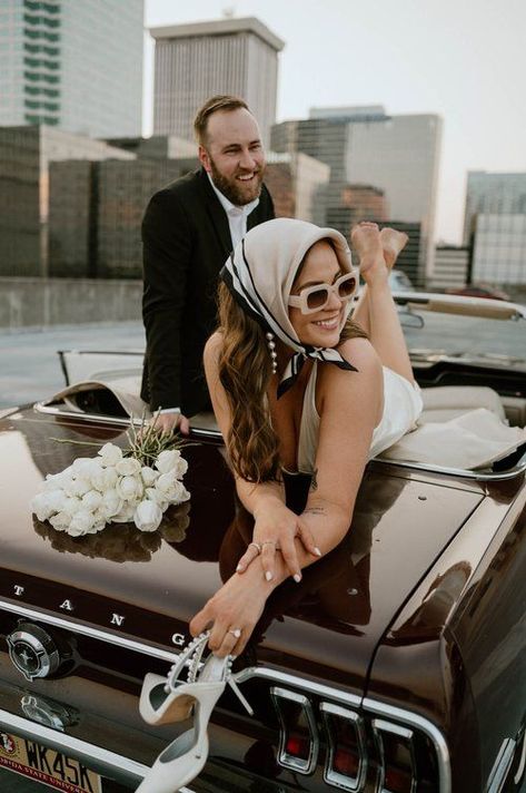 60s Inspired Engagement Photos, 70s Engagement Photos, White Dress Heels, Glam Engagement Photos, Old Hollywood Engagement Photos, Silky White Dress, Vintage Car Engagement Photos, Car Engagement Photos, Bridal Era