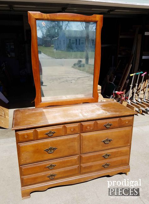 Vintage Dresser Before Updating | Prodigal Pieces | prodigalpieces.com Colonial Dresser Makeover, Refinish Old Dresser, Dresser And Mirror Makeover, Long Dresser Makeover, Dresser With Mirror Makeover, Maple Dresser Makeover, Painted Dresser With Mirror, Oak Dresser Makeover, Updated Dresser