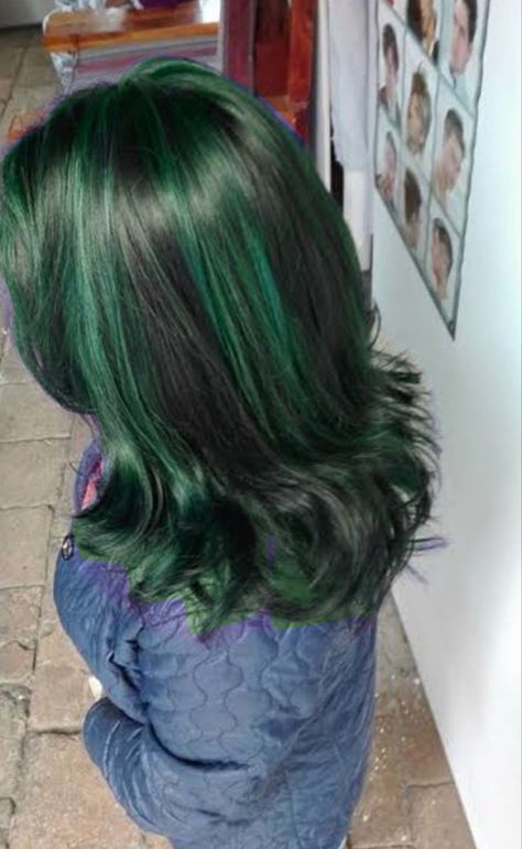 Emerald Green Skunk Stripe Hair, Dyed Dark Green Hair, Hairdye Ideas Green, Dark Green Hair Styles, Forest Green Hair Highlights, Highlights Green Hair, Green Streaked Hair, Black And Green Striped Hair, Skunk Hair Dye Green