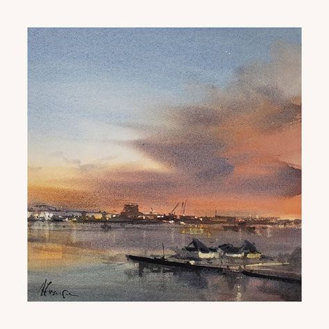 Andy Evansen · "Duluth Harbor at Sunset" A Sunset Painting, Andy Evansen, Night Scenes, Watercolour Landscape, Watercolor Sky, Winter Watercolor, Watercolor Sunset, Watercolour Inspiration, Beach Watercolor