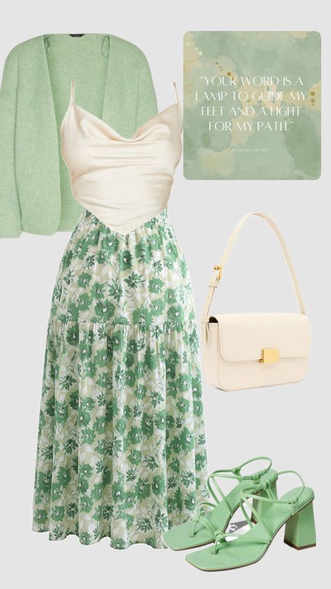 #churchoutfit #springoutfit #churchgirl #holygirlera #jesuslovesyou Green Outfit Aesthetic Casual, Green Modest Outfit, Green Girly Outfits, Green Cottagecore Aesthetic Outfit, Spring Cottagecore Green Dress, Chruch Girl Outfits, Feminine Aesthetic Outfits, Triangle Body Shape Outfits, Modest Spring Outfits