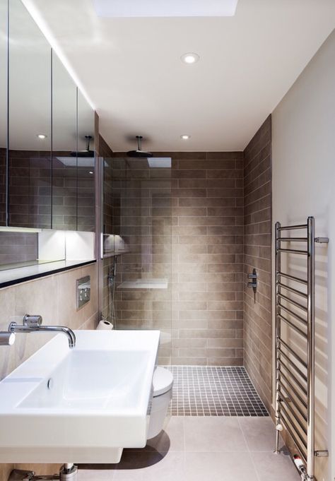 Beautifully simple modern bathroom with walk in shower. Deep rectangular shape. Long Narrow Bathroom, Narrow Bathroom Designs, Small Ensuite, Small Shower Room, Top Bathroom Design, Condo Bathroom, Ensuite Shower Room, Narrow Bathroom, Downstairs Bathroom