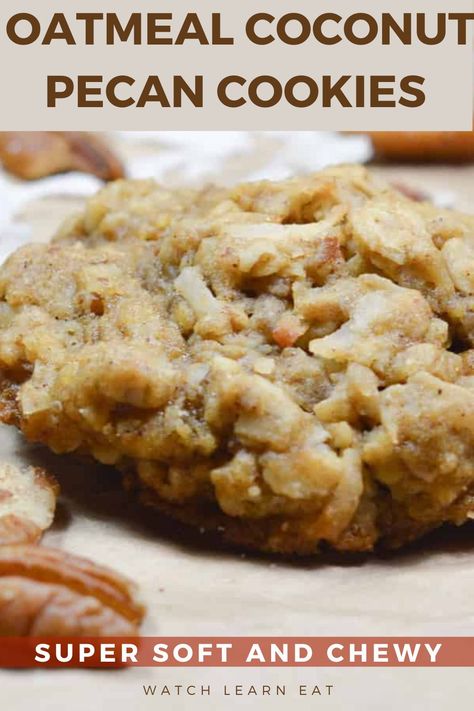 close up of oatmeal coconut pecan cookies Best Soft Oatmeal Cookies, Peanut Butter Oatmeal Coconut Cookies, Oatmeal Nut Cookies, Copycat Crumbl Oatmeal Raisin Cookies, Crumble Coconut Cookie, Best Oatmeal Raisin Cookies Recipe, Oatmeal Coconut Raisin Cookies, Pecan Coconut Praline Cookies, Coconut Pecan Cookies Recipes