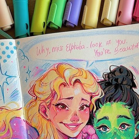 Gretel Lusky on Instagram: "Pink goes good with green ✨🩷💚🫧

Fourth slide is another Glinda I drew some weeks ago 🫶

I used Arrtx acrylic markers on a Royal Talens art creation sketchbook!
.
.
@wickedmovie #sketchbook #sketchbookart #traditionalart #mixedmediaart #wicked #glinda #elphaba #sketchbookdrawing" Royal Talens Sketchbook, Arrtx Acrylic Markers Art, Wicked Glinda, Royal Talens, Acrylic Markers, Sketchbook Drawing, Marker Art, Art Sketchbook, Traditional Art