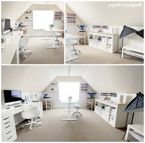 My Craft Room Tour Slanted Ceiling Craft Room, Sloped Ceiling Craft Room, Craft Room With Slanted Ceiling, Large Craft Room Layout, Painters Craft Room, Bonus Room Craft Room Ideas, Attic Hobby Room, Bonus Room Art Studio, Attic Craft Room Sloped Ceiling