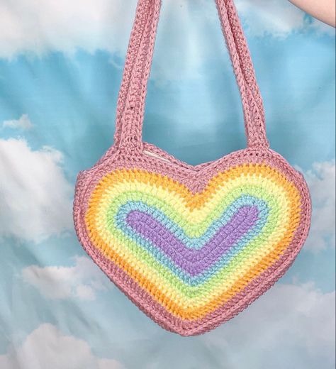 Heart Shaped Crochet, Pastel Rainbow Crochet, Funky Crochet, Heart Bags, Pastel Crochet, Month Ideas, Pride Heart, Rainbow Headband, Pride Flag Colors