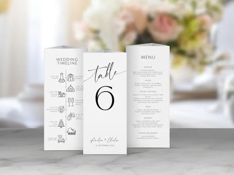 Canva Wedding Trifold. Modern Minimalist Three Sided Wedding Timeline Menu and Table Number. Editable Template. Triangle Table Stand. GRD - Etsy Canada Wedding Trifold Table, Wedding Table Menu Cards, Wedding Trifold, Triangle Table, Reception Desserts, Canva Wedding, Table Stand, Menu Card, Wedding Timeline