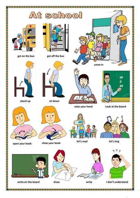 At school 2 - English ESL Worksheets Pictures To Describe In English, Classroom Sentences, Easy Picture Description For Kids, English Vocabulary With Pictures, Speaking Activities Esl Kids, Useful Vocabulary, English Picture Dictionary, Office Safety, About School