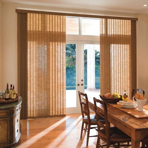 I love the light brown color of these custom vertical blinds. My husband and I are redecorating our dining room and I have been looking for the perfect shade for the windows. I will have to find some custom vertical blinds with this same light brown color since it will match our new table really well. Patio Door Window Treatments, Sliding Door Window Treatments, Vertical Window Blinds, Patio Blinds, Door Window Treatments, Modern Blinds, Living Room Blinds, Bedroom Blinds, Sliding Door Blinds