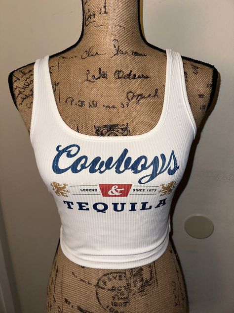 "Cowboys and Tequila" white tank top featuring coors! Perfect for summer time, bathing suit cover up! Any occasion!  Beer shirt. Breathable material. Western wear, country concert, wash on cold and delicate setting for longevity! Visit my page for similar styles!  Feel free to message me with any questions and I'm sure we can work something out! White Trash Party Outfits, Country Music Outfits, Country Outfits Women, Summer Crop Top, Tequila Shirt, Cowboy Shirt, Rodeo Outfits, Country Concert Outfit, Tank Top Outfits