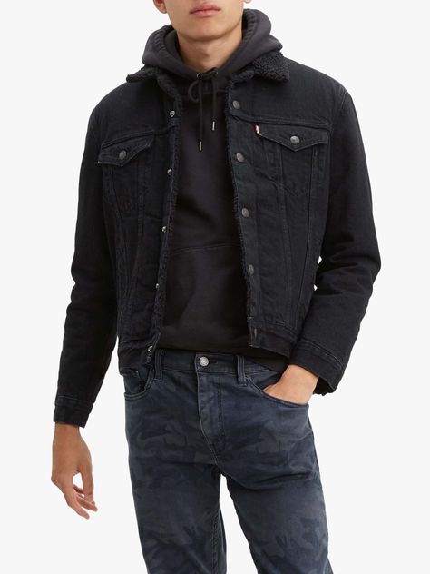 Sherpa Trucker Jacket, Black Jean Jacket, Denim Jacket Outfit, Denim Trucker Jacket, Black Denim Jacket, Denim Jacket Men, Men's Coats & Jackets, Sherpa Jacket, Straight Fit Jeans