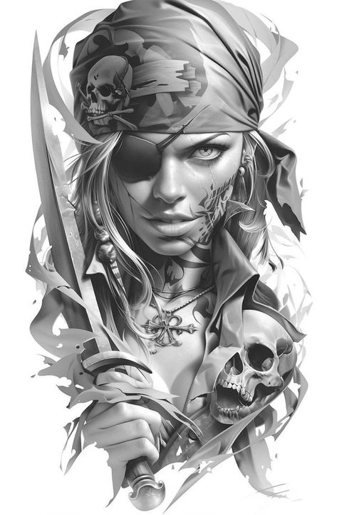 Pirate Queen Tattoo, Pirate Lady Tattoo, Pirate Tattoo Sketch, Skull Girl Tattoo, Mexican Art Tattoos, Pirate Tattoo, Cool Tattoo Drawings, Girl Face Tattoo, Realistic Tattoo Sleeve