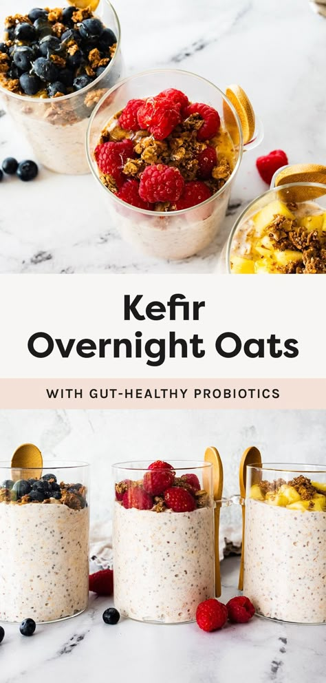 These kefir overnight oats are made with kefir instead of milk for a creamy, protein-packed breakfast that's loaded with gut-healthy probiotics! They’re easy to make and perfect for meal prep. Kefir Drink Recipes, Overnight Oats With Kefir, Kefir Chia Pudding, Kefir Overnight Oats, Keifer Recipes Smoothie, Kefir Oats, Fermented Oatmeal, Kifer Recipes, Fermented Oats