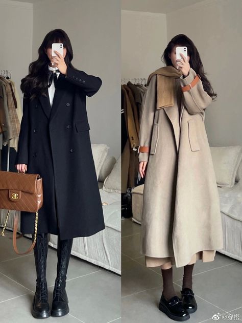 Korean Fall Fashion Women, Dress With Coat Outfit, Korean Long Coat Outfit, Asian Winter Fashion, Korean Fashion Coat, Korean Winter, Korean Outfit Street Styles, Korean Casual Outfits, Korean Girl Fashion