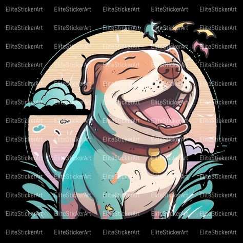 The image showcases a happy and lively pitbull character in a vector art style with a simple white background. The cartoonish portrayal of the pitbull with a wide grin and a tongue sticking out exudes a sense of fun and excitement. The vibrant colors and bold lines used in the design give it a dynamic and visually appealing look. The pitbull's lively eyes and cheerful expression make it look like it's having a blast, possibly on a fun day out at the beach or a park. Pitbull Character Design, Pitbull Cartoon, Simple White Background, Cheerful Expression, Fun Day, Simple White, A Park, Having A Blast, Juno