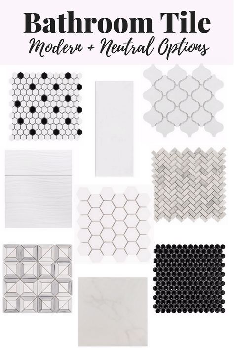 I love all of these modern and neutral tile options! They'd be perfect for a bathroom renovation - black and white tile is so gorgeous! Basement Style, Bathroom Tiles Modern, Neutral Tile, Tile Options, Bathroom Tile Ideas, Great Bathrooms, Small Bathroom Makeover, Master Bath Remodel, Downstairs Bathroom