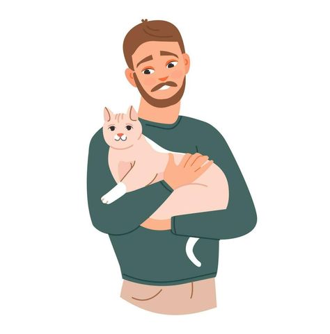 Pet owner. A man with cats in his arms. A person hugs a pet. Flat vector illustration. Cat And Owner Illustration, Man With Cat Drawing, Men With Cats, In His Arms, Man Illustration, Flat Vector Illustration, Cat Clipart, Flat Vector, Pet Owner