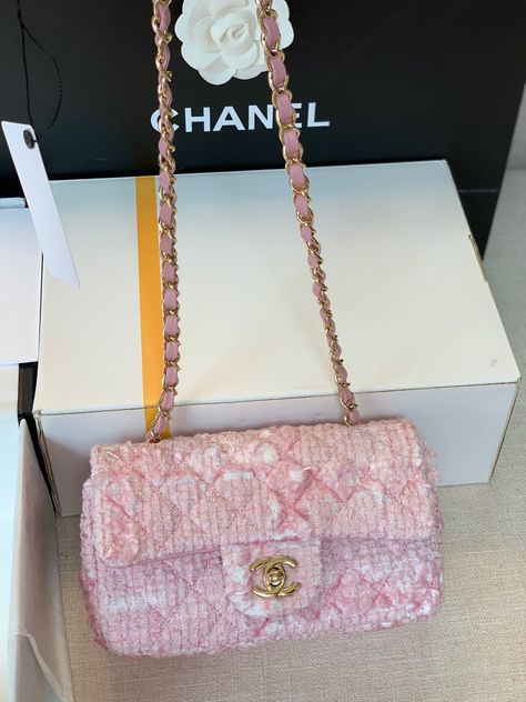 Chanel pink classic flap CF shoulder bag Chanel Classic Flap Bag Pink, Pink Chanel Outfit, Chanel Tweed Bag, Chanel Handbags Pink, Pink Chanel Bag, Designer Things, Chanel Classic Flap Bag, Vintage Chanel Bag, Tweed Bag