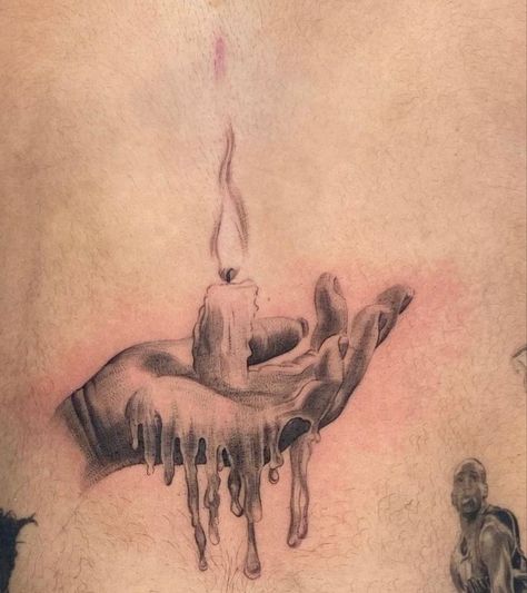 Men’s Collar Bone Tattoo Ideas, Socialism Tattoo, Candle Hand Tattoo, Side Burn Tattoos, Head In The Clouds Tattoo, Sinister Tattoos, Burn Tattoo, Trippy Tattoo Ideas, New Tattoo Styles