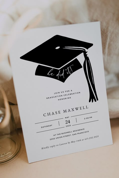 He Did It Graduation Invitation Template, Editable Graduation Party Invitation, Printable Graduation Celebration Invite, Templett #graduationinvitation #graduationparty #graduationhat #gradcap #gradinvitation #hedidit #hebelievedhecould #highschoolgraduationinvitation Graduation Dinner Invitations, Prom Invitations Ideas, Graduation Invite Ideas, Grad Invite Ideas, Graduation Invitations Diy, Sliding Gate Ideas, Prom Invitations, Graduation Party Cards, Graduation Invitation Design