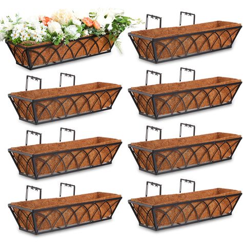 PRICES MAY VARY. Window Deck with Coconut Liner: you will get 8 pieces of 24 inch window boxes planters with coco liner, you can placed under a window sill, on a wall, or on a front porch or back deck railing, sufficient quantity for you to display plants and flowers on deck railings Large Capacity: the capacity of each railing planter is approx. 24 inches, which can hold a lot of plants and flowers, provides ample space for multiple herbs or flowers, nice for housewarming and anyone who loves g Railing Planter Boxes, Planters Boxes, Black Balcony, Deck Railing Planters, Window Box Plants, Window Box Garden, Outdoor Fence, Planter Window, Balcony Planters