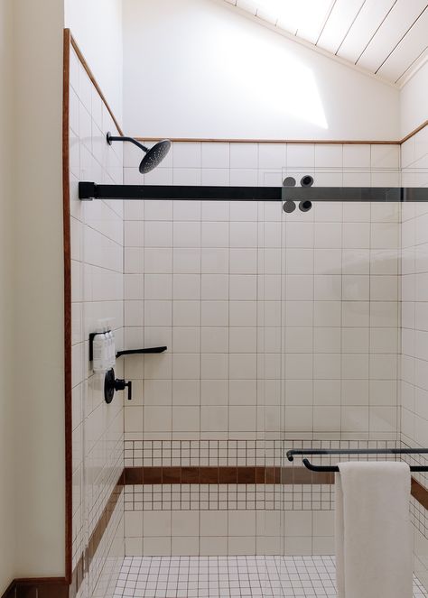 Off White Tiles, Black Floor Bathroom, White Tile Bathroom, Geometric Headboard, Cedar Paneling, Tomales Bay, Home Studios, Floor Bathroom, Hotel Project