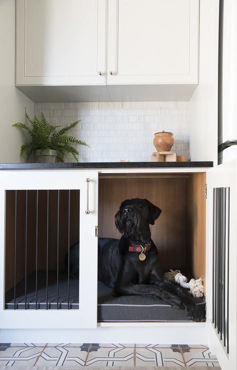 Integrated Dog Crate in Custom Cabinetry in the Laundry Room Dog Room Decor, Dog Spaces, Dog Area, Animal Room, Dog Rooms, Laundry Mud Room, Dog Door, Alaskan Malamute, Rooms Reveal