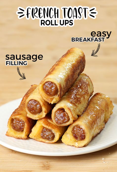 Sausage French Toast Roll Ups To Go Breakfast Sandwiches, French Toast Sausage Roll Ups, Easy Breakfast Ideas Crescent Rolls, Savory Breakfast Potluck Ideas, Breakfast Ideas For Picky Kids, Pancake Wrapped Sausage, Thanksgiving Breakfast Ideas Easy, Easy Simple Breakfast Ideas, Bread Breakfast Ideas