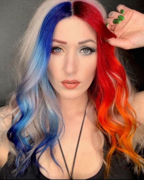 Fire ice red blue dyed hair Blue Dyed Hair, Money Piece Hair, Ice Hair, Split Dyed Hair, Dyed Hair Blue, Dyed Hair Pastel, Whimsical Art Journal, Money Piece, Hair Streaks