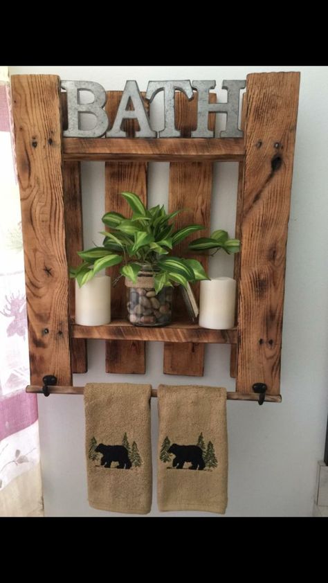 Dollar Store Wall Decor, Barn Wood Crafts, Barn Wood Projects, Pallet Shelves, Spruce Up Your Home, Pallet Crafts, Wall Decor Ideas, Wood Pallet Projects, Farmhouse Bathroom Decor