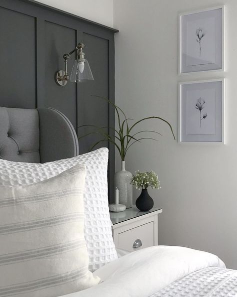 Bedroom Panelling Grey Bed, Bedroom Panelling Grey Headboard, Light Grey Panelling Bedroom, Wall Lights On Dark Grey Wall, Grey Kingsize Bed, Natural Bedroom, Bedroom Decor For Teen Girls, Guest Bedroom Decor, Bedroom Renovation