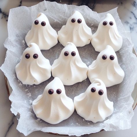 👻✨ Get in the Halloween spirit with these spooky Ghostly Meringue Cookies! 👻✨ Ghostly Meringue Cookies Ingredients: - 4 egg whites - 1 cup granulated sugar - 1/2 tsp cream of tartar - 1 tsp vanilla extract - Mini chocolate chips (for eyes) Instructions: 1. Preheat oven to 225°F. Line baking sheets with parchment paper. 2. In a clean bowl, beat egg whites until soft peaks form. 3. Gradually add sugar and cream of tartar, beating until stiff peaks form. 4. Fold in vanilla extract. 5. Pipe me... Halloween Meringue Cookies, Halloween Meringue, Meringue Ghosts, Ghost Meringues, Chocolate Chip Meringue Cookies, Cozy Fall Recipes, Festive Drinks, Meringue Cookies, Cream Of Tartar