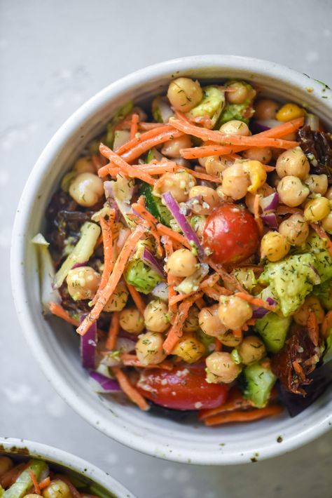 chickpea salad Chickpea Salad With Cilantro, Spicy Chickpea Salad, Kitchen Sink Salad, Roasted Chickpea Salad Bowl, Spicy Roasted Chickpea Salad, Chickpea Spring Mix Salad, Hormone Balancing Recipes, Nutrition Therapy, Mediterranean Chickpea Salad