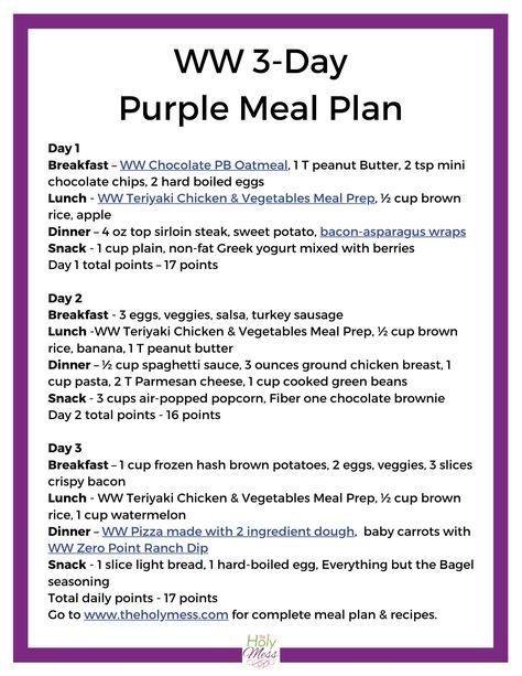 Use this WW purple meal plan to help you plan your breakfast, lunch, dinners, & snacksAll within your daily points. Lose weight and feel great on MyWW Purple! Weight Watchers Success, Ww Meal Plan, Weight Watchers Food Points, Weight Watchers Menu, Meal Plan Printable, Weight Watchers Program, Weight Watchers Plan, Weight Watchers Meal Plans, Weight Watchers Recipes Desserts