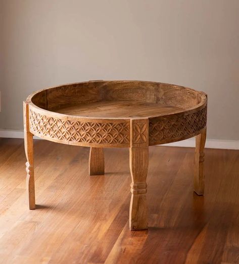 Hand Carved Mango Wood Chakki Accent Table | VivaTerra Boho Accent Table, Living Room Accent Table, Carved Coffee Table, Boho Decor Living Room, Floor Seating Living Room, Wooden Accent Table, Mango Wood Coffee Table, African Furniture, Moroccan Table