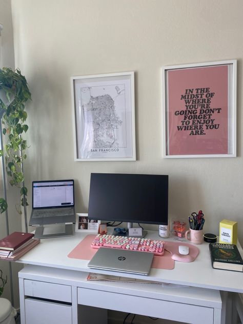 Using 2 desk in 1 with a standing desk and the IKEA Micke desk! Desk Ikea Ideas, Micke Desk Ikea Ideas, Work Cubicle Decor, Ikea Micke Desk, Desk Ikea, Ikea Micke, Micke Desk, 2024 Bedroom, Work Cubicle