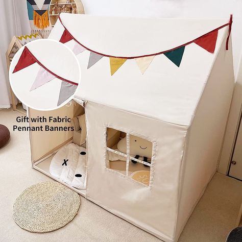 Playroom Tent Ideas, Toddler Play Tent, Indoor Tent For Kids, Fabric Pennant Banner, Playhouse Tent, Toddler Tent, Toddler Playhouse, Kids Playhouse Outdoors, Indoor Tents