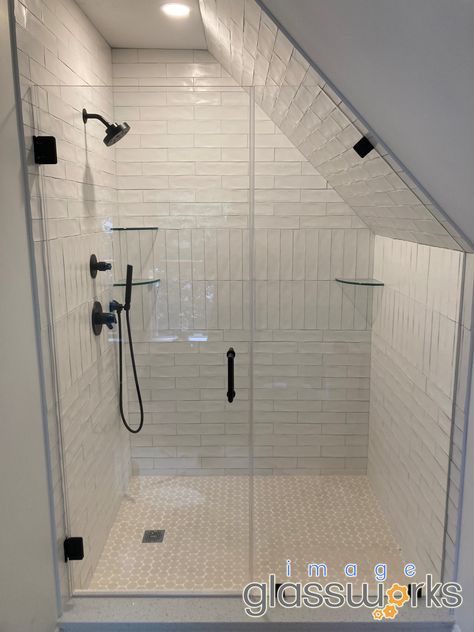 Showers With Angled Ceilings, Under Eaves Shower Room, Bathroom In Eves, Angled Ceiling Bathroom Ideas, Under Stairs Bathroom With Shower Ideas, Bathroom With Tilted Ceiling, Angle Ceiling Bathroom, Upstairs Bathrooms Slanted Ceiling, Angled Ceiling Shower Ideas