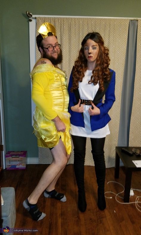 Cory: Gender-bender twist of a Disney classic. Total cost: His $30 Hers $40 What a lovely sport my boyfriend is. Beast Costume Diy, Beast Halloween Costume, Bender Costume, Nerd Girl Problems, Beast Costume, Themes Ideas, College Party, Costume Works, Vintage Halloween Costume