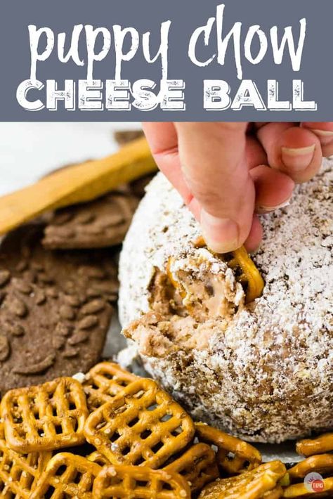 Puppy Chow Cheese Ball for Dessert  #PuppyChow #MuddyBuddies Cheeseball Recipes, Ball Cheese, Snacks Vegetarian, Dessert Cheese Ball, Muddy Buddy, Puppy Chow Recipes, Sweet Dips, Cheese Ball Recipes, Dessert Dips