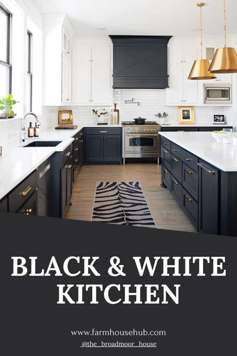 Modern farmhouse kitchen with white upper and black lower cabinets Black Lower Kitchen Cabinets, Kitchen Cabinets Black And White, Kitchen No Upper Cabinets, Black And White Modern Farmhouse, Black Lower Cabinets, Black White Kitchen Decor, White Upper Cabinets, Kitchen Cabinets Color Combination, White Modern Farmhouse