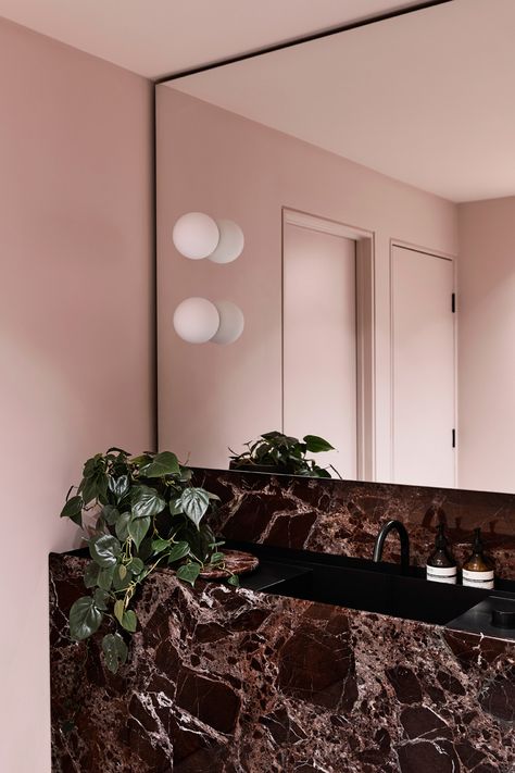 Tiny Home Interior, Burgundy Bathroom, Interior Creative, Light Pink Walls, Steel Shelving, Water Closet, Dark Furniture, The Local Project, Glass Partition