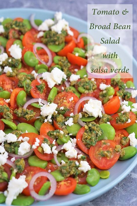 A wonderfully summery meal. Add optional feta cheese or leave off for a completely plant-based dish. Salsa Verde Canning Recipe, Salsa Verde Recipe, Bean Salad Recipe, Salad Cream, Tomato Bread, Verde Recipe, Broad Beans, Bean Salad Recipes, Bread Salad