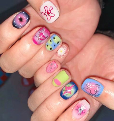 Y2k Nails Colorful, Y2k Nail Art, Y2k Nail, Mens Nails, Hello Nails, Hippie Nails, Nail Drawing, Beauty Nails Design, Y2k Nails