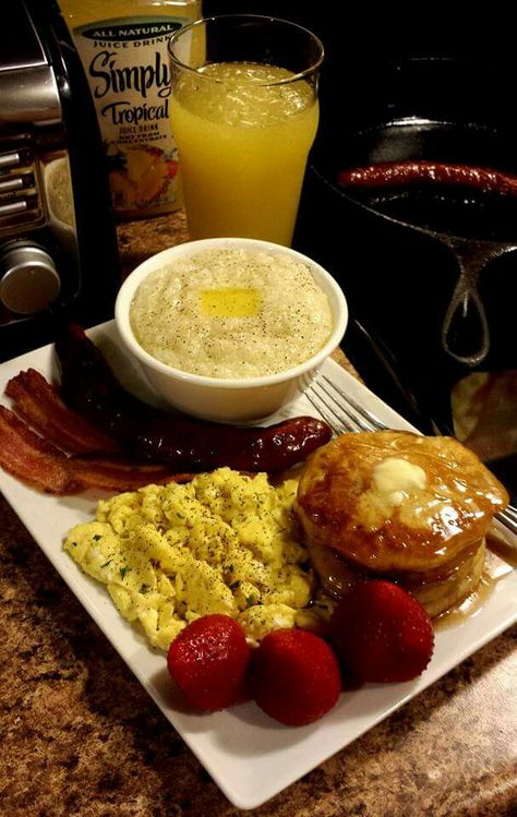 breakfast Eggs And Grits Breakfast, Eggs Bacon Pancakes, Pancakes And Eggs Breakfast Ideas, Pancakes Eggs And Bacon Breakfast, Grits Pancakes, Breakfast With Grits, Eggs And Grits, Grits Breakfast, Bacon Eggs