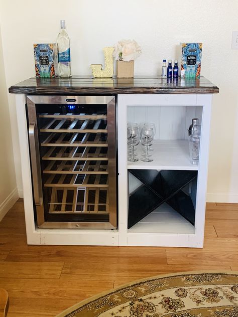 wine cooler/ mini bar Bar Cabinet Accessories, Wine Fridge Cabinet Diy, Bar Cabinet With Wine Fridge, Cabinet With Wine Fridge, Cabinet With Mini Fridge, Wine Refrigerator Cabinet, Diy Liquor Cabinet, Bar Cabinet With Fridge, Diy Wine Bar